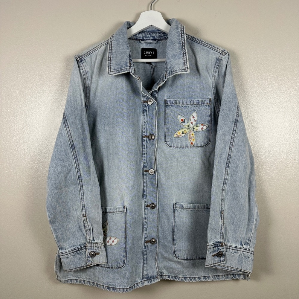 Curve Appeal Women's XL Denim Jacket Light Wash Floral Patchwork 70s Hippie NEW